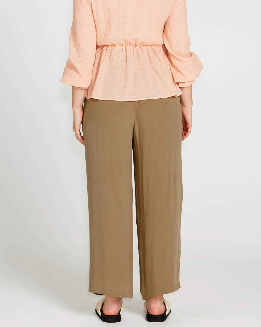 Clothing Sass Clothing | Portia Elasticated Wide Leg Linen-Blend Pants Khaki