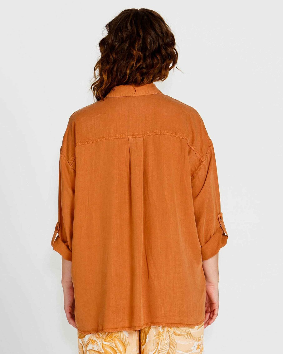 Clothing Sass Clothing | Zahlia Oversized Button-Up Lyocell Shirt Sandy Tan