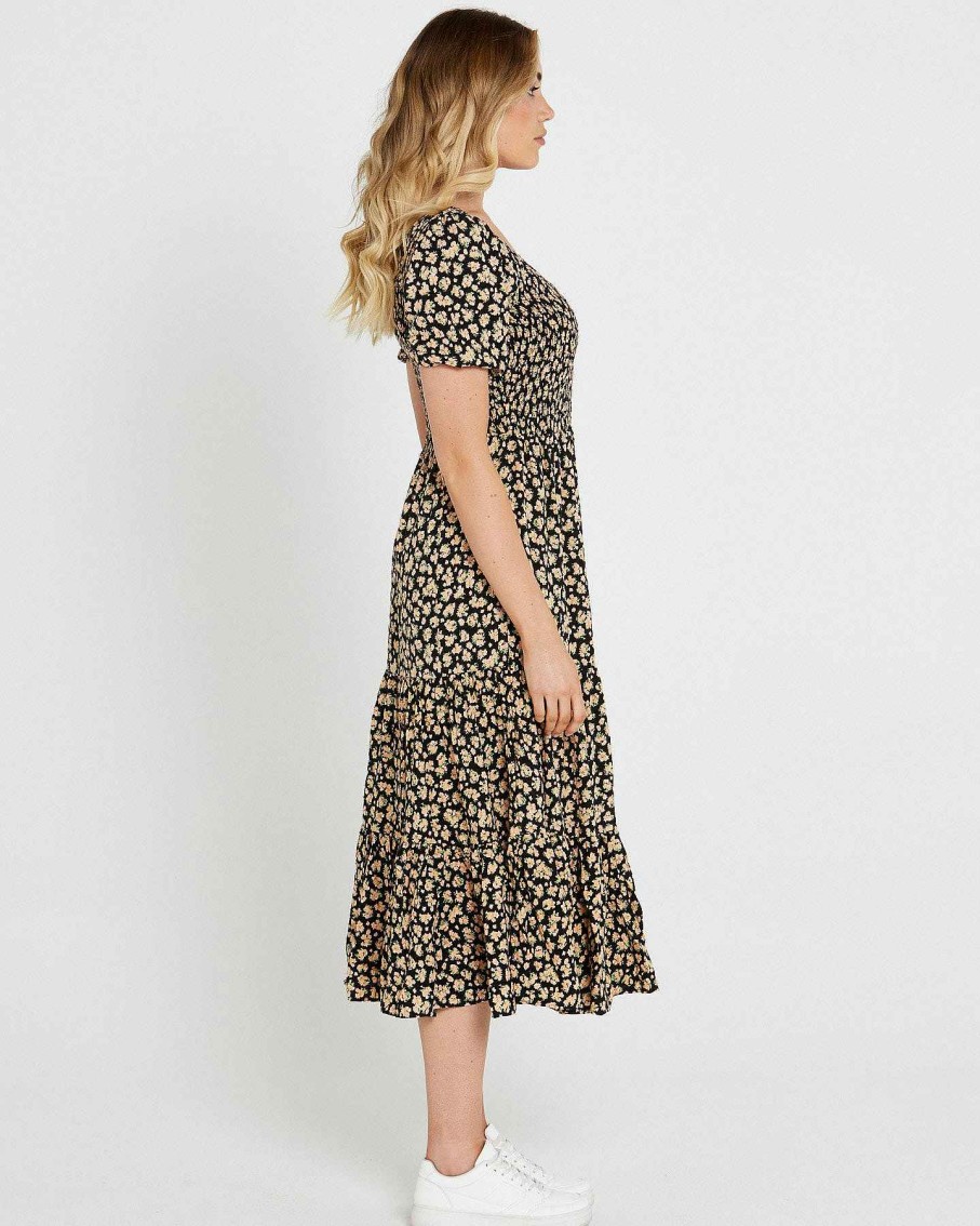 Clothing Sass Clothing | Tegan Shirred Midi Dress Black Floral Ditsy