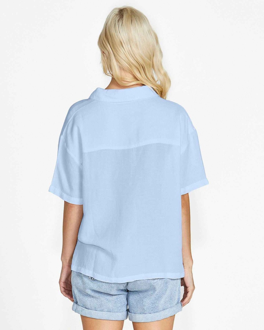 Clothing Sass Clothing | Selena Short Sleeve Button Up Linen-Blend Shirt Blue Chambray