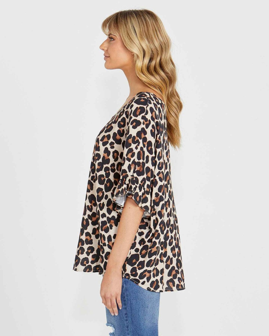 Clothing Sass Clothing | Kylie Relaxed Frill Sleeve Top Animal