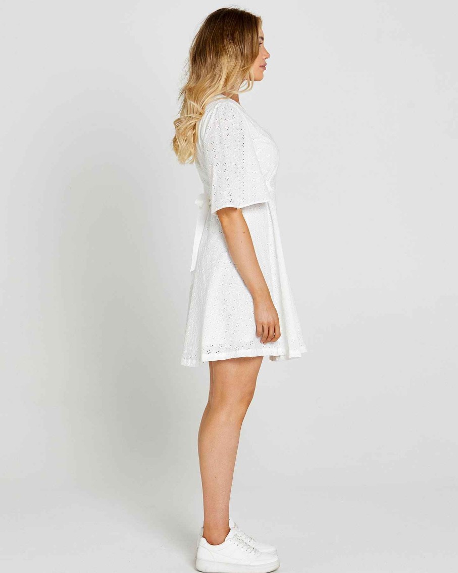 Clothing Sass Clothing | Sofia Embroidered Bell Sleeve Mini Dress White