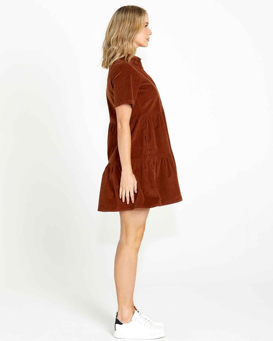 Clothing Sass Clothing | Lilah Tiered Cord Mini Dress Amber Brown