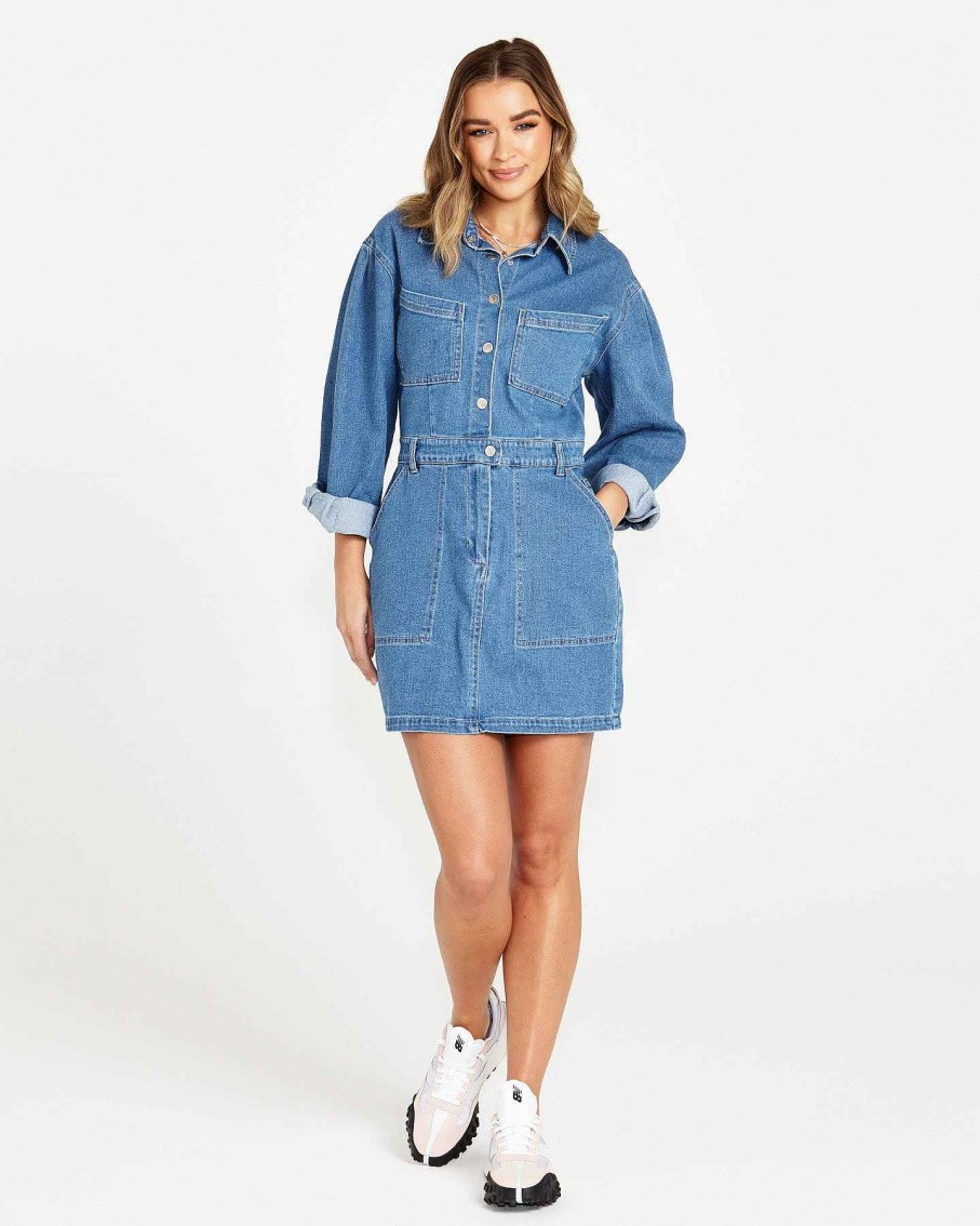 Clothing Sass Clothing | Gabrielle Denim Long Sleeve Dress 80 Wash