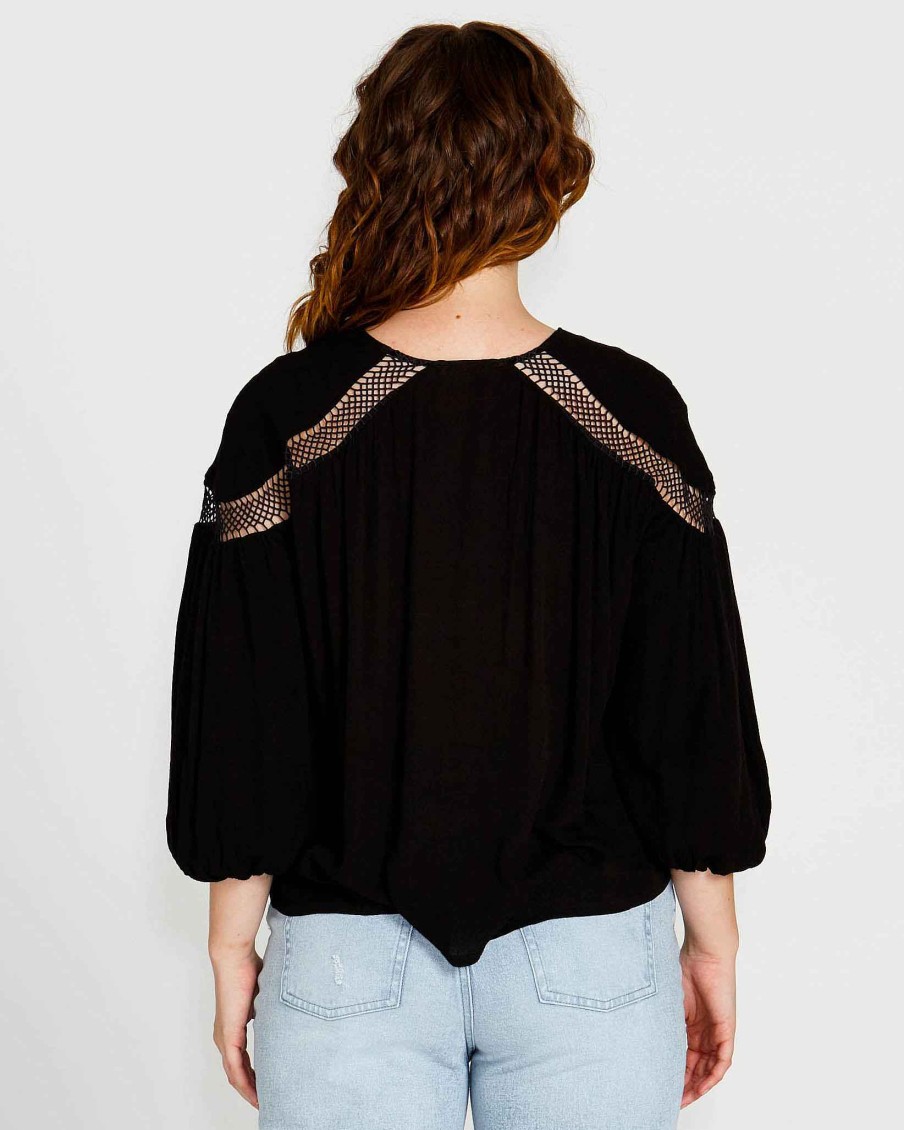 Clothing Sass Clothing | Rava Boho 3/4 Sleeve Top Black