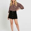 Clothing Sass Clothing | Angela Balloon Sleeve Neck Tie Boho Top Retro Floral