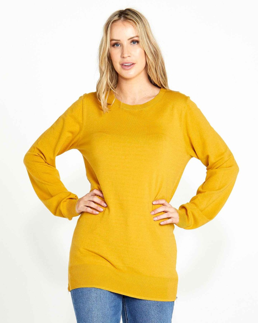 Clothing Sass Clothing | Peggy Side Zip Knit Top Mustard