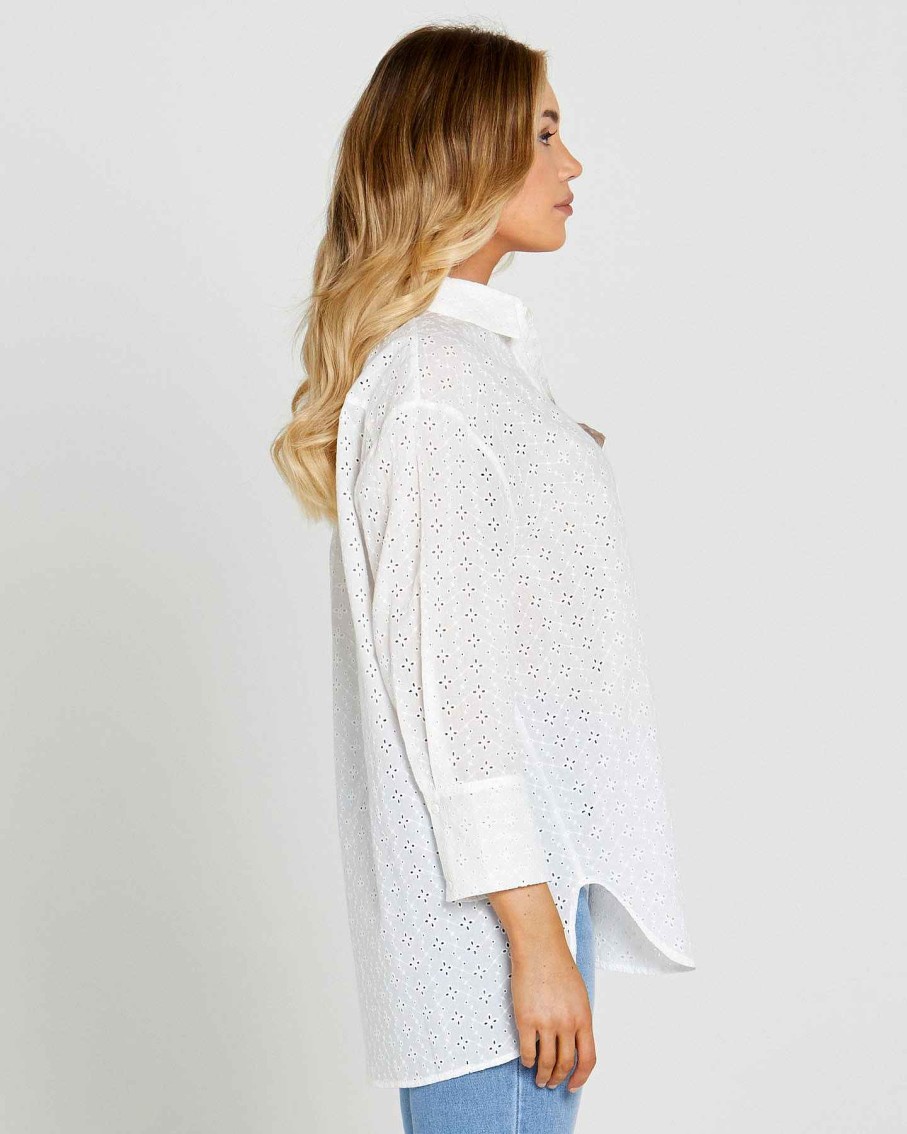 Clothing Sass Clothing | Sofia Oversized Embroidered Shirt White