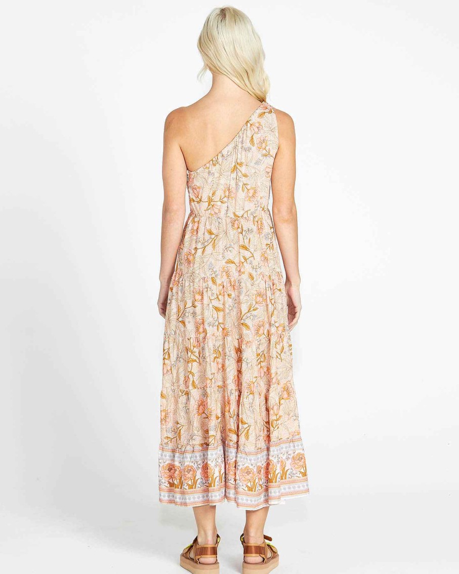 Clothing Sass Clothing | Poppy One Shoulder Tiered Boho Maxi Dress - Peach Pink Floral Peach Floral