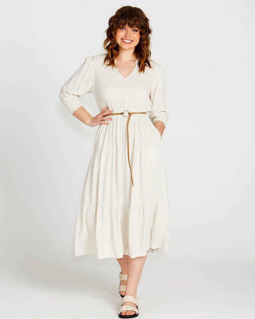 Clothing Sass Clothing | Portia Elastic Waist Tiered Midi Flowy Dress Beige Oatmeal