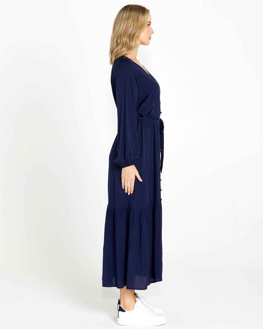 Clothing Sass Clothing | Brigitte Balloon Sleeve Maxi Dress Navy