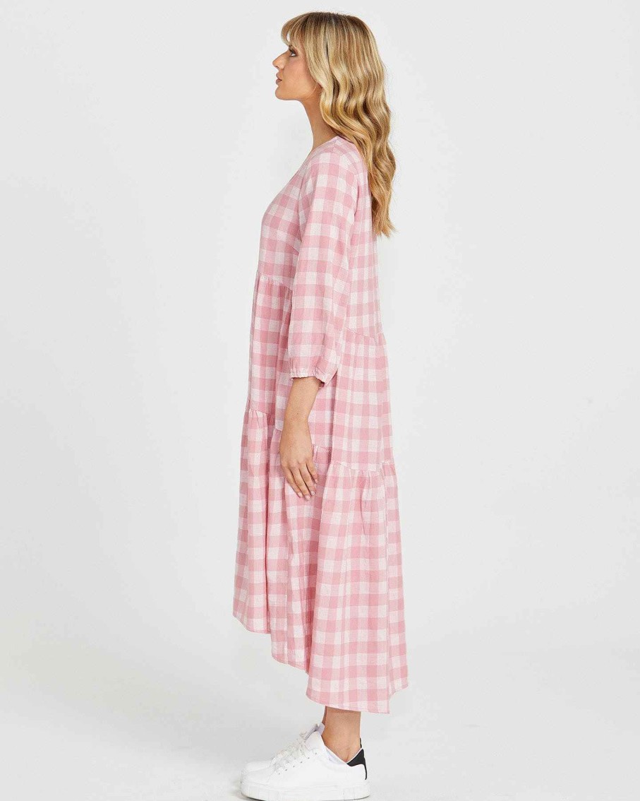 Clothing Sass Clothing | Stevie Tiered Midi Dress Pink Check