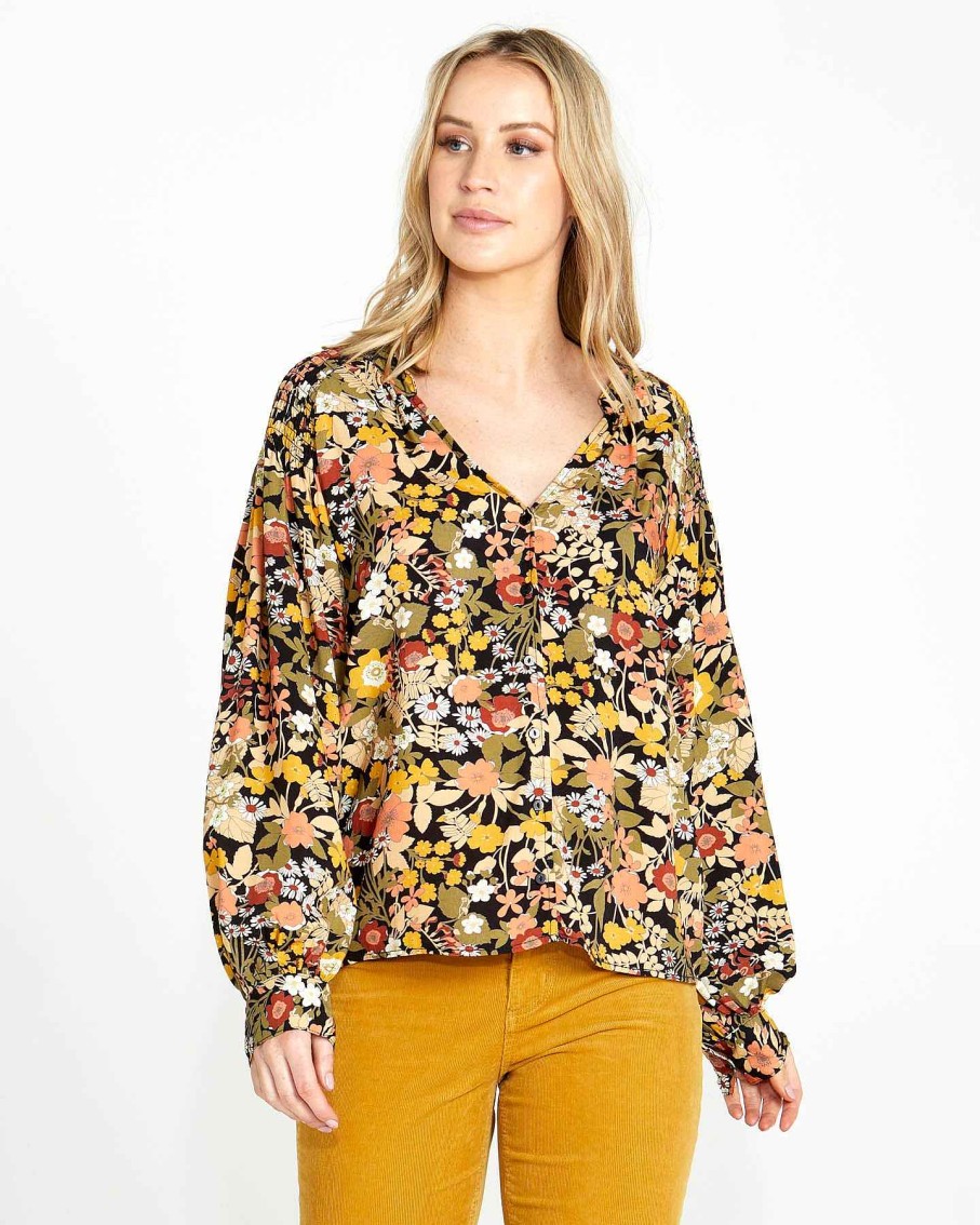 Clothing Sass Clothing | Brigitte Shirred Shoulder Top Winter Floral