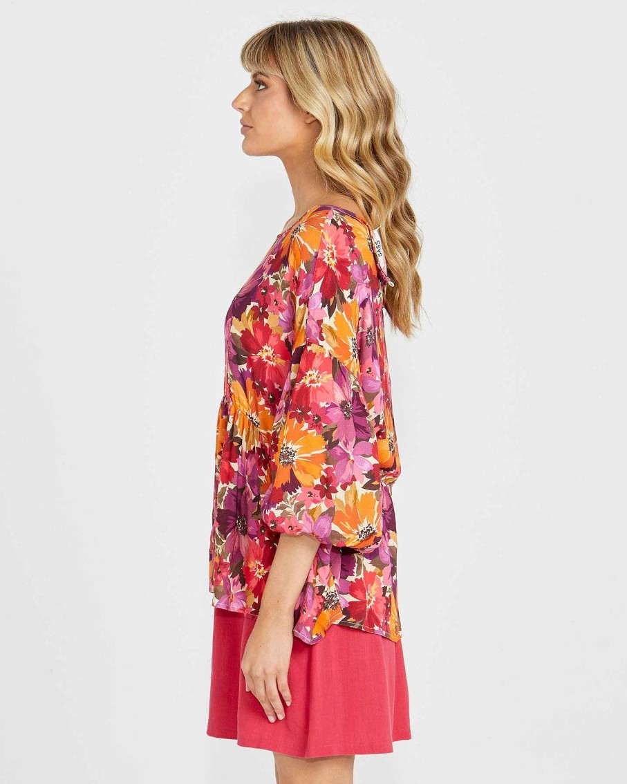 Clothing Sass Clothing | Yasmin Bubble Sleeve Top Berry Floral