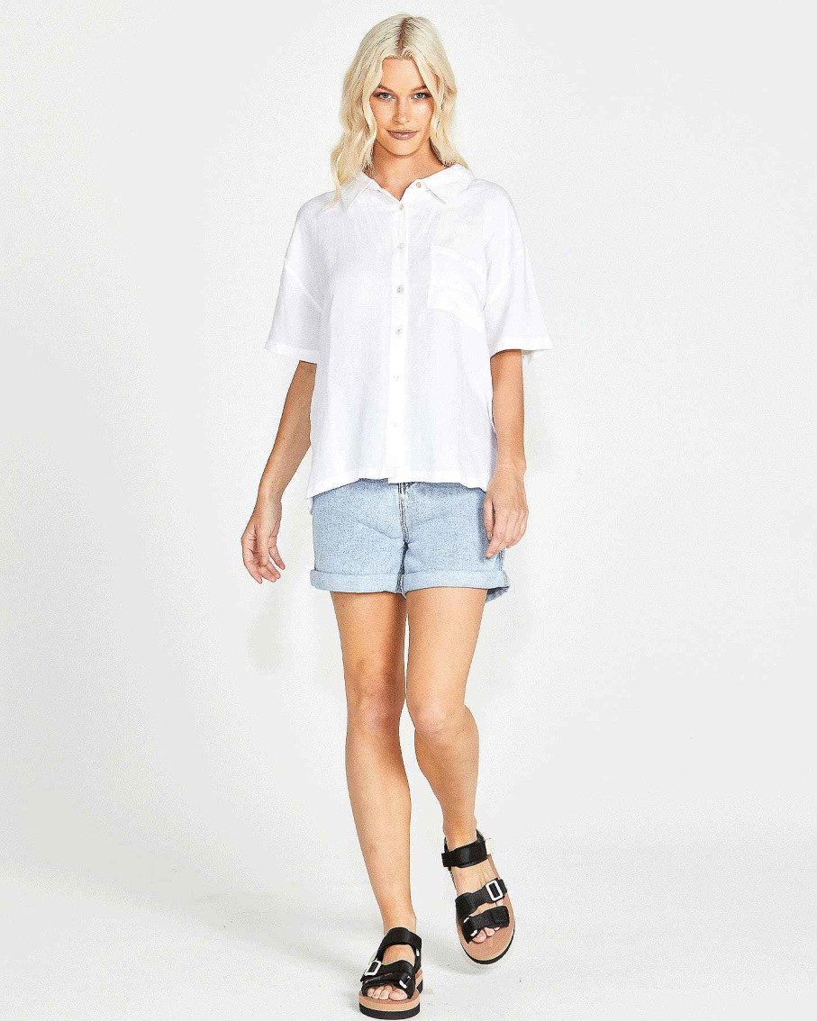 Clothing Sass Clothing | Selena Short Sleeve Button Up Linen-Blend Shirt White