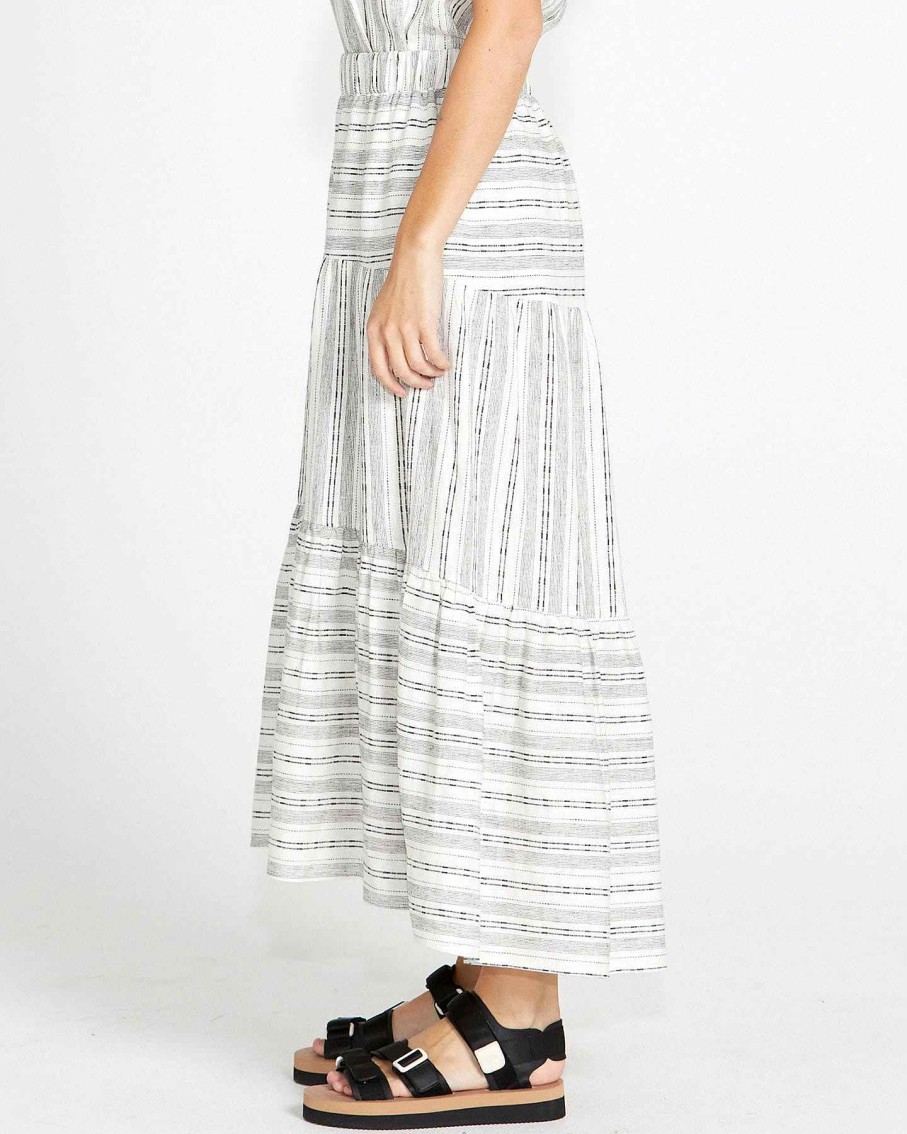 Clothing Sass Clothing | Riley Elastic Waist Tiered Maxi Skirt - White/Black Mono Stripe