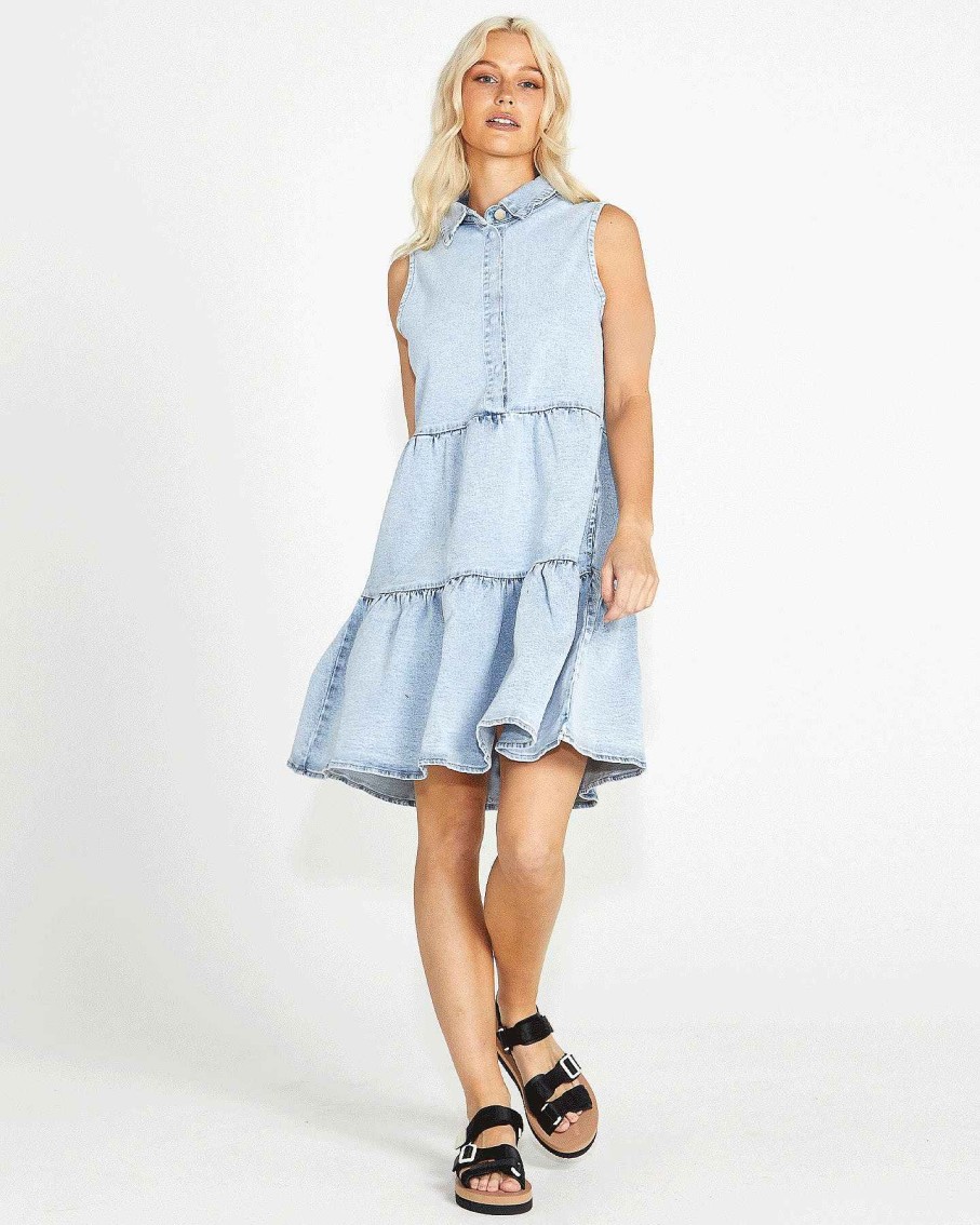 Clothing Sass Clothing | Kellie Sleeveless Button Up Tiered Denim Mini Dress Pale Blue Stone 95 Wash