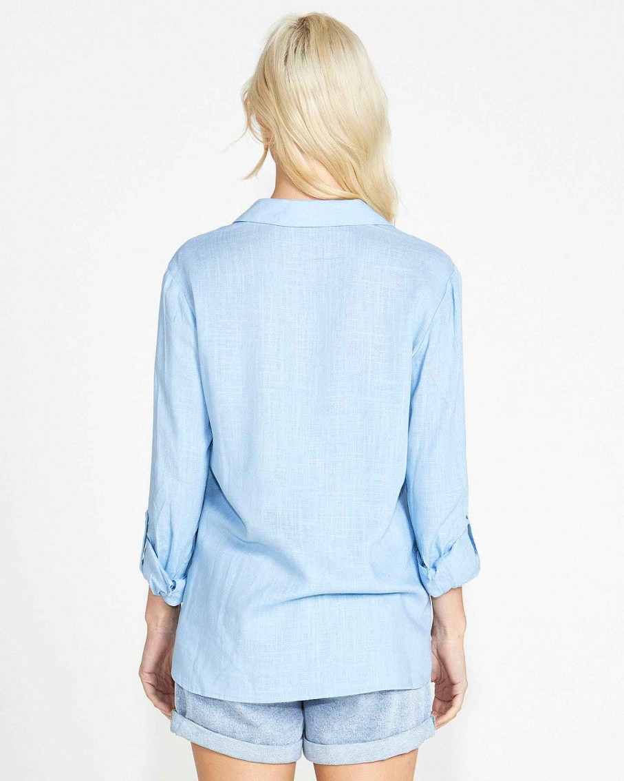 Clothing Sass Clothing | Taylor Long Sleeve Button Up Linen-Blend Shirt Blue Chambray