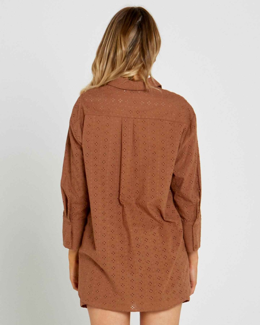 Clothing Sass Clothing | Sofia Oversized Embroidered Shirt Mocha Brown