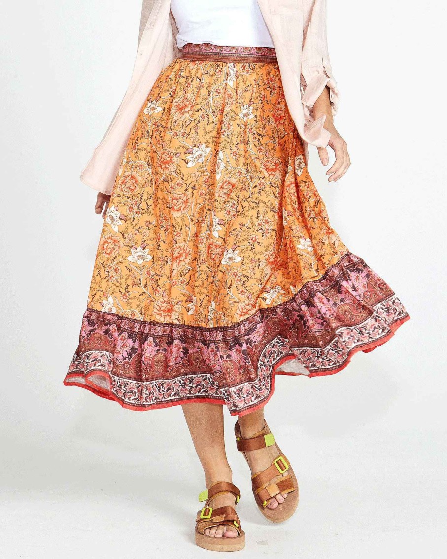 Clothing Sass Clothing | Dawn Tiered Elastic Waist Boho Midi Skirt Print In Orange/Pink Batik Paisley