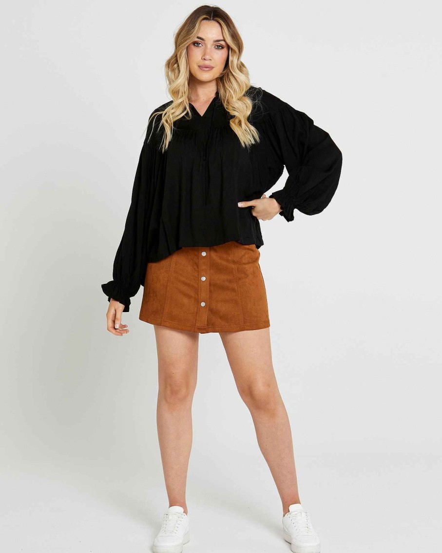 Clothing Sass Clothing | Tegan Solid Shirred Boho Balloon Sleeve Top Black