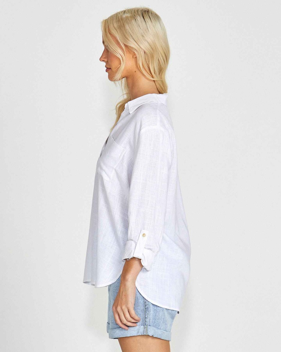 Clothing Sass Clothing | Taylor Long Sleeve Button Up Linen-Blend Shirt White