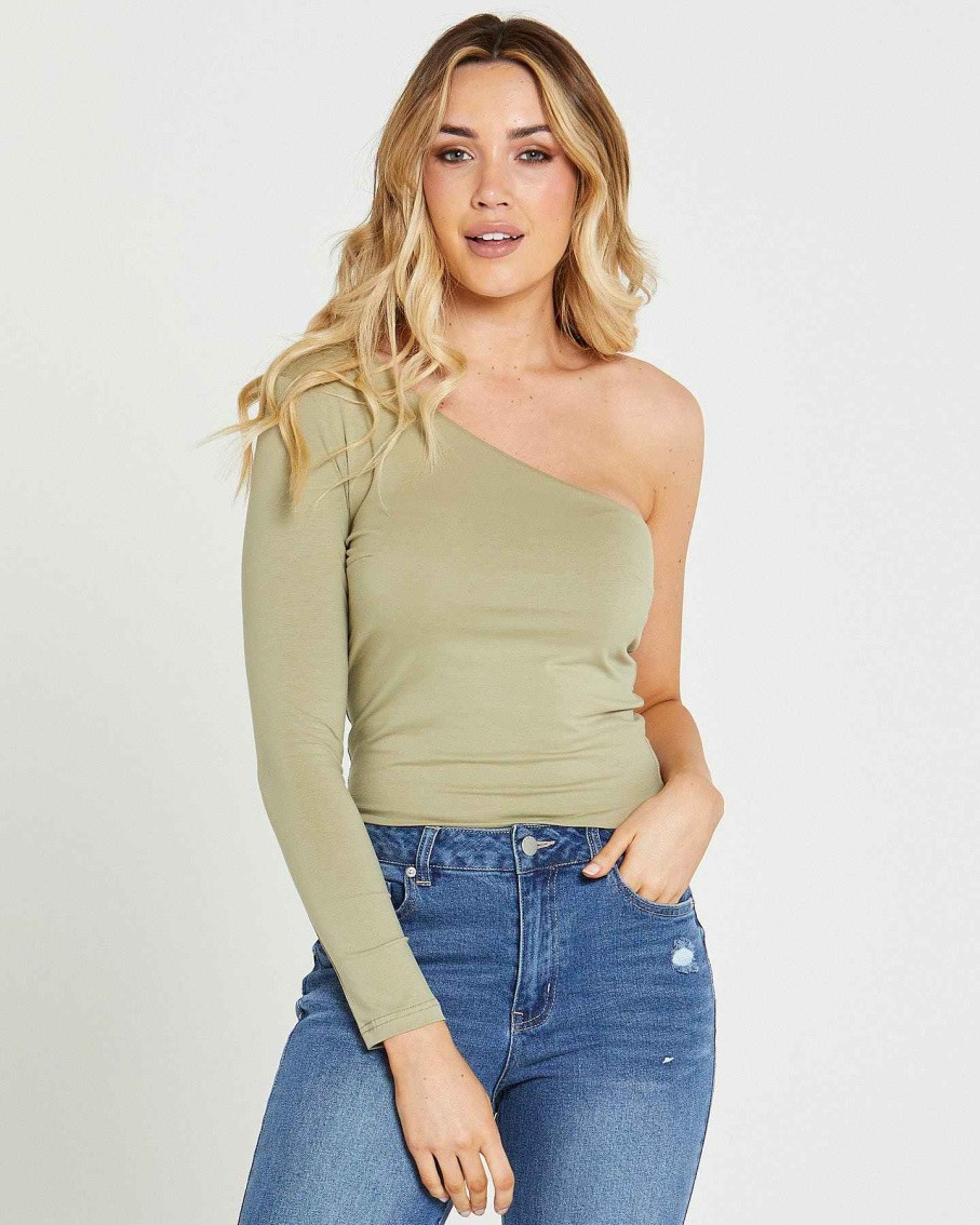 Clothing Sass Clothing | Anna One Sleeve Top Sage Green