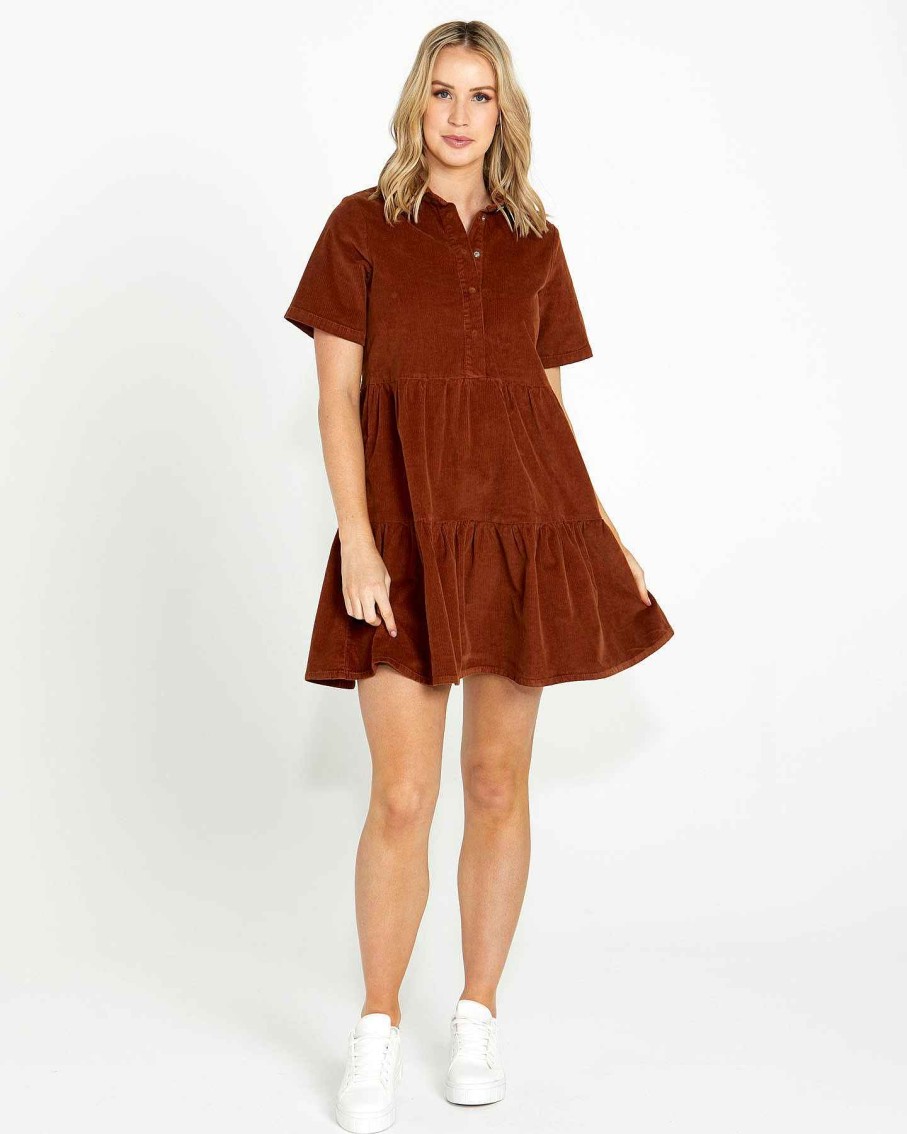 Clothing Sass Clothing | Lilah Tiered Cord Mini Dress Amber Brown