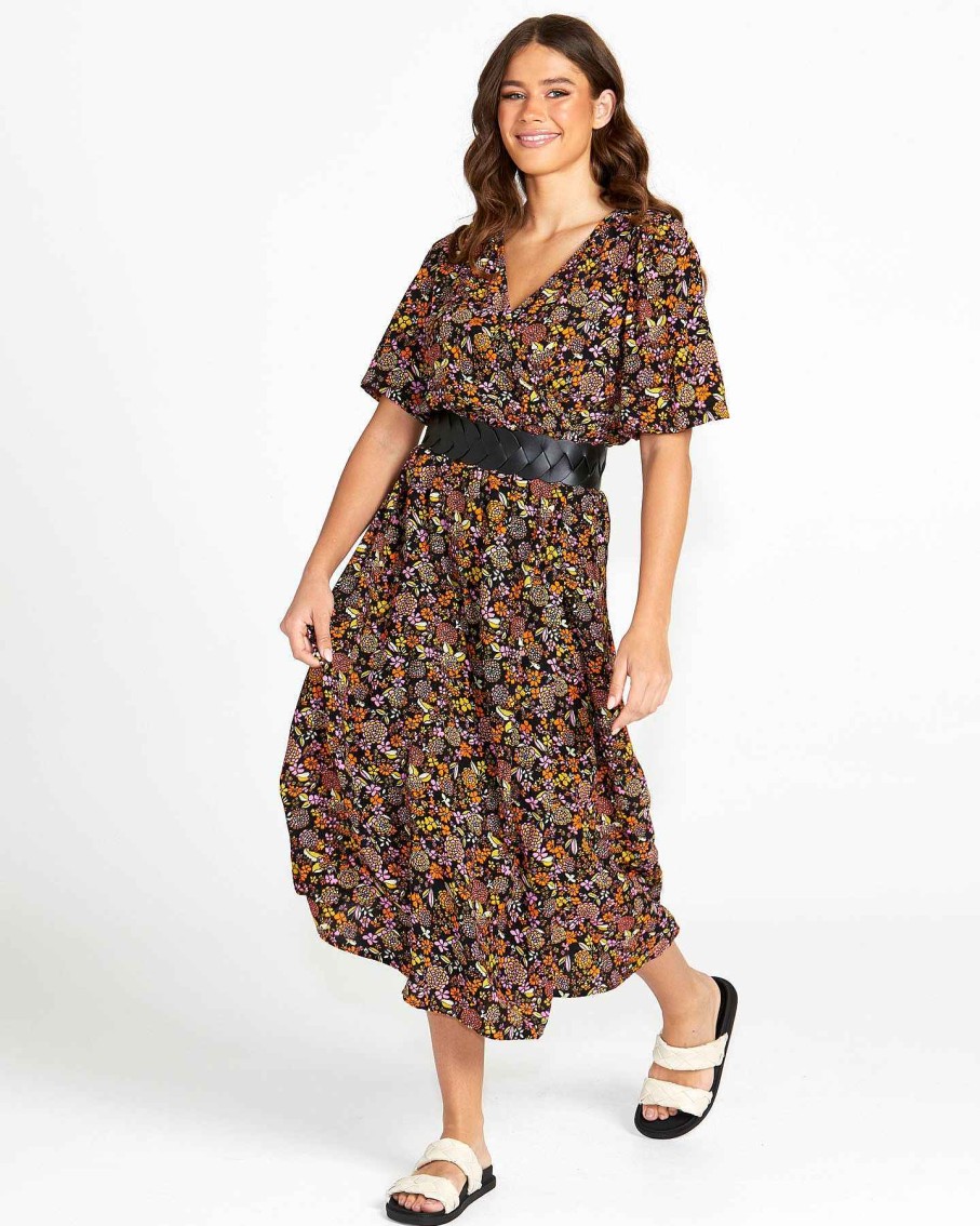 Clothing Sass Clothing | Lilith Midi Wrap Dress Black Floral