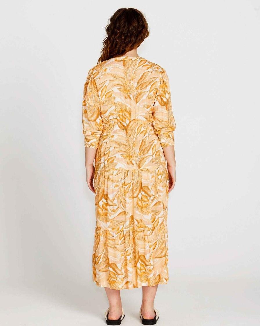 Clothing Sass Clothing | Portia Elastic Waist Tiered Midi Flowy Dress Yellow Palm Springs