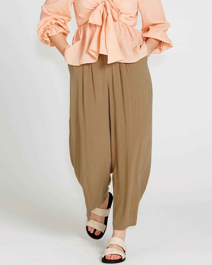 Clothing Sass Clothing | Portia Elasticated Wide Leg Linen-Blend Pants Khaki