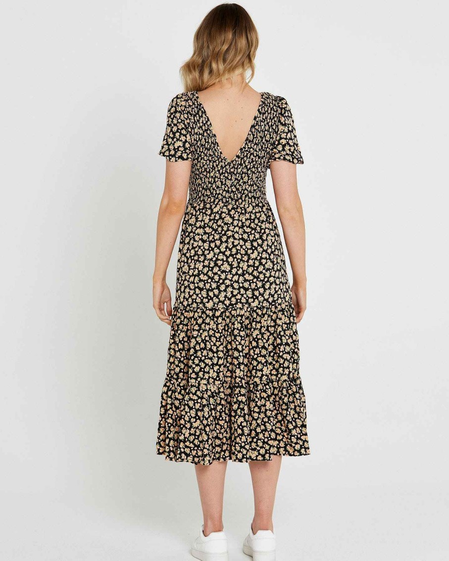 Clothing Sass Clothing | Tegan Shirred Midi Dress Black Floral Ditsy