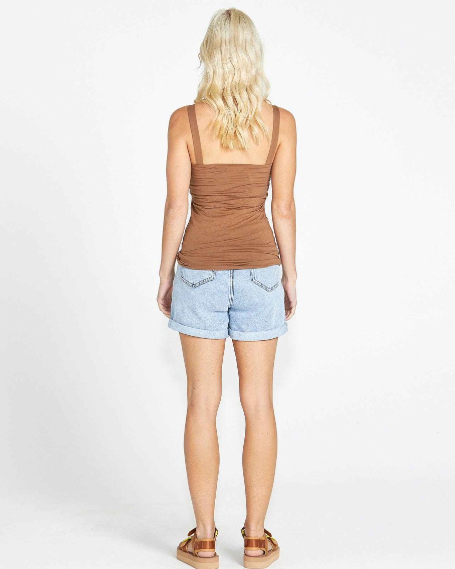 Clothing Sass Clothing | Kate Stretchy V Neck Basic Cotton Tank Brown Chocolate