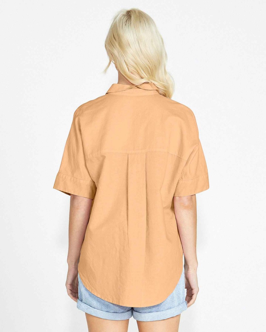 Clothing Sass Clothing | Aria Short Sleeve Button Up Cotton/Linen Shirt Tan