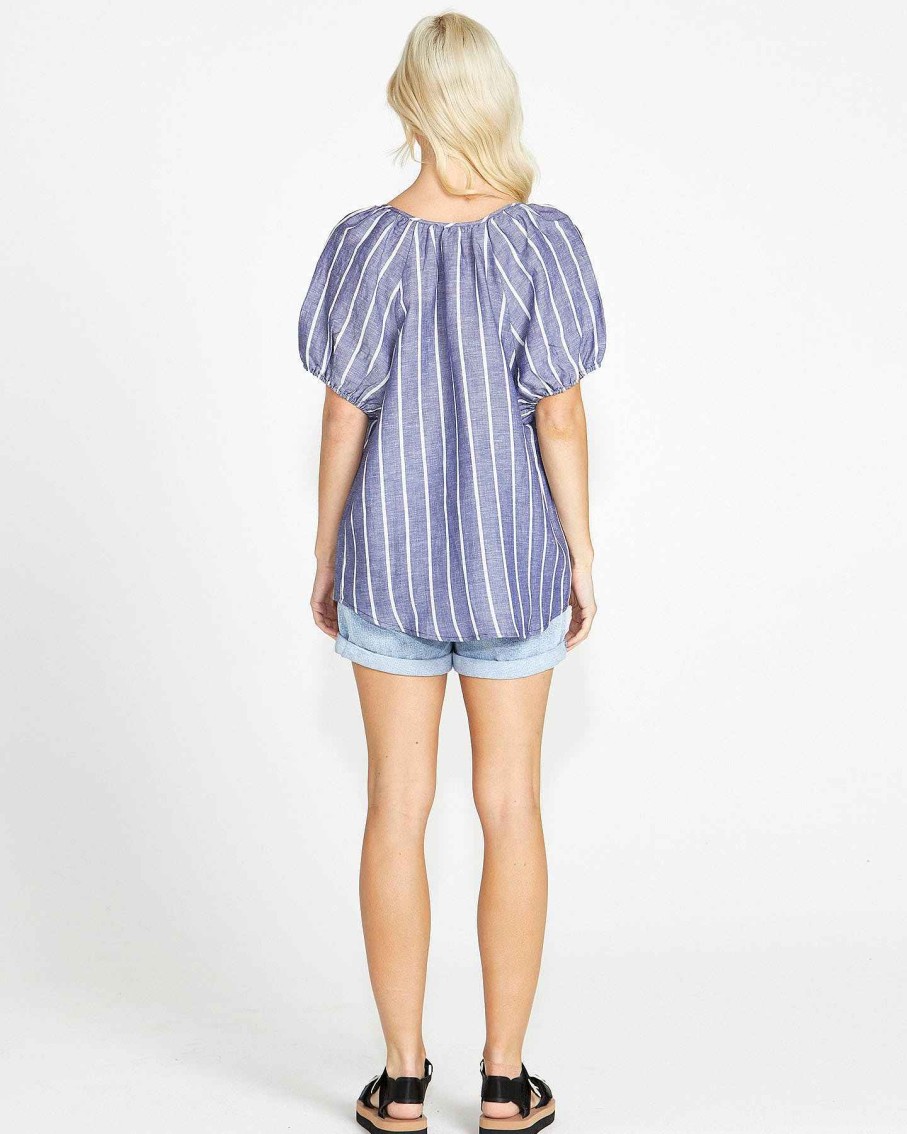 Clothing Sass Clothing | Lydia Short Sleeve Peasant Shell Linen-Blend Top Navy Stripe