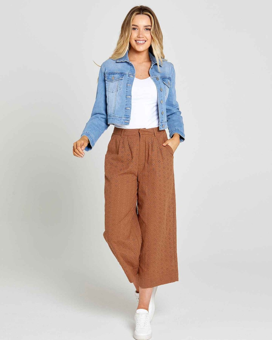 Clothing Sass Clothing | Sofia Embroidered Wide Leg Pant Mocha Brown