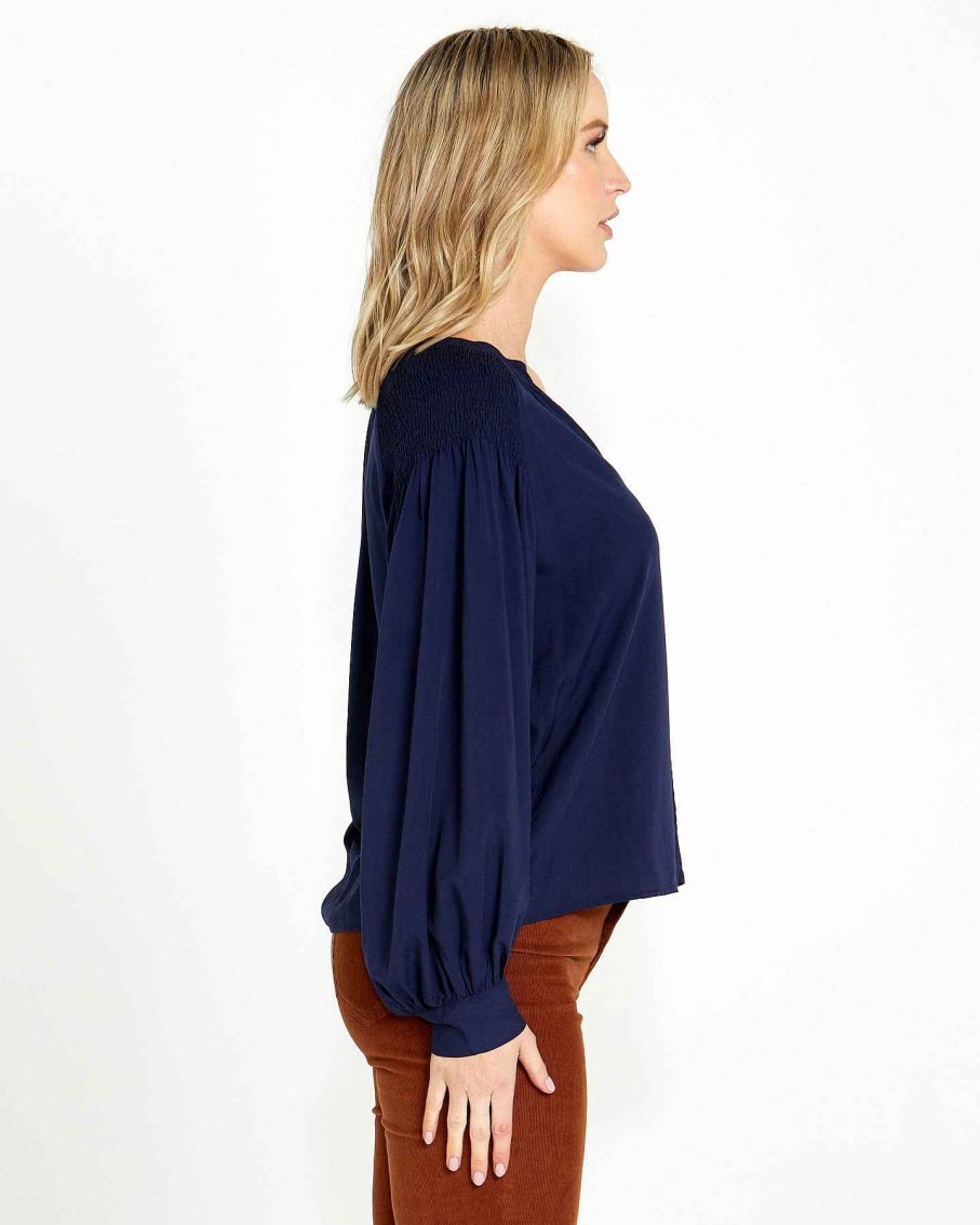 Clothing Sass Clothing | Brigitte Shirred Shoulder Top Navy