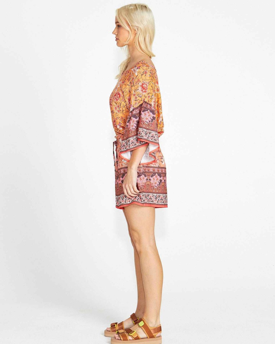 Clothing Sass Clothing | Dawn Shell Oversized Frill Sleeve Boho Top Print In Orange/Pink Batik Paisley