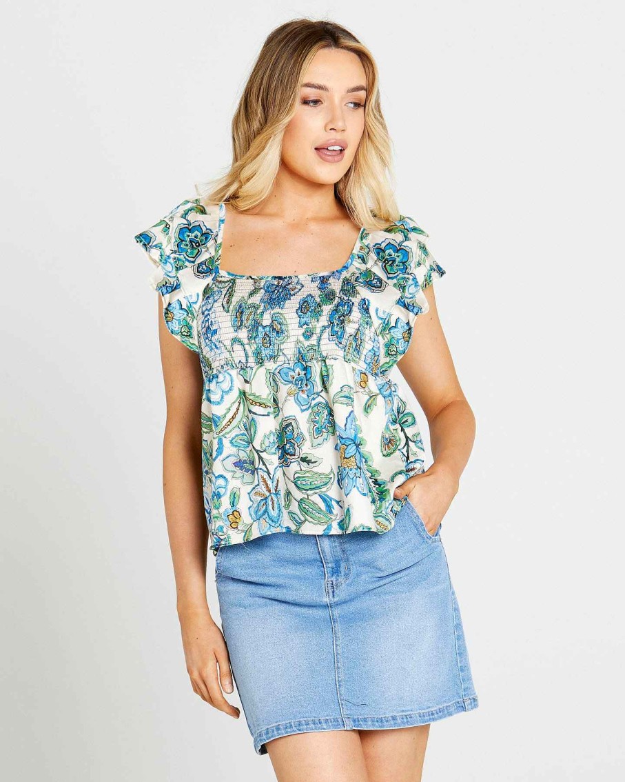 Clothing Sass Clothing | Zoey Frill Sleeve Top Blue Paisley