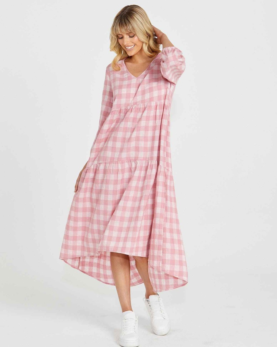 Clothing Sass Clothing | Stevie Tiered Midi Dress Pink Check