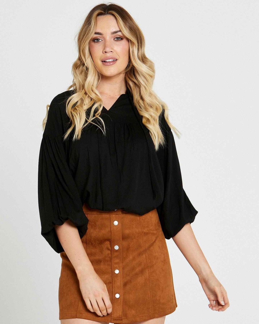 Clothing Sass Clothing | Tegan Solid Shirred Boho Balloon Sleeve Top Black