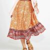 Clothing Sass Clothing | Dawn Tiered Elastic Waist Boho Midi Skirt Print In Orange/Pink Batik Paisley