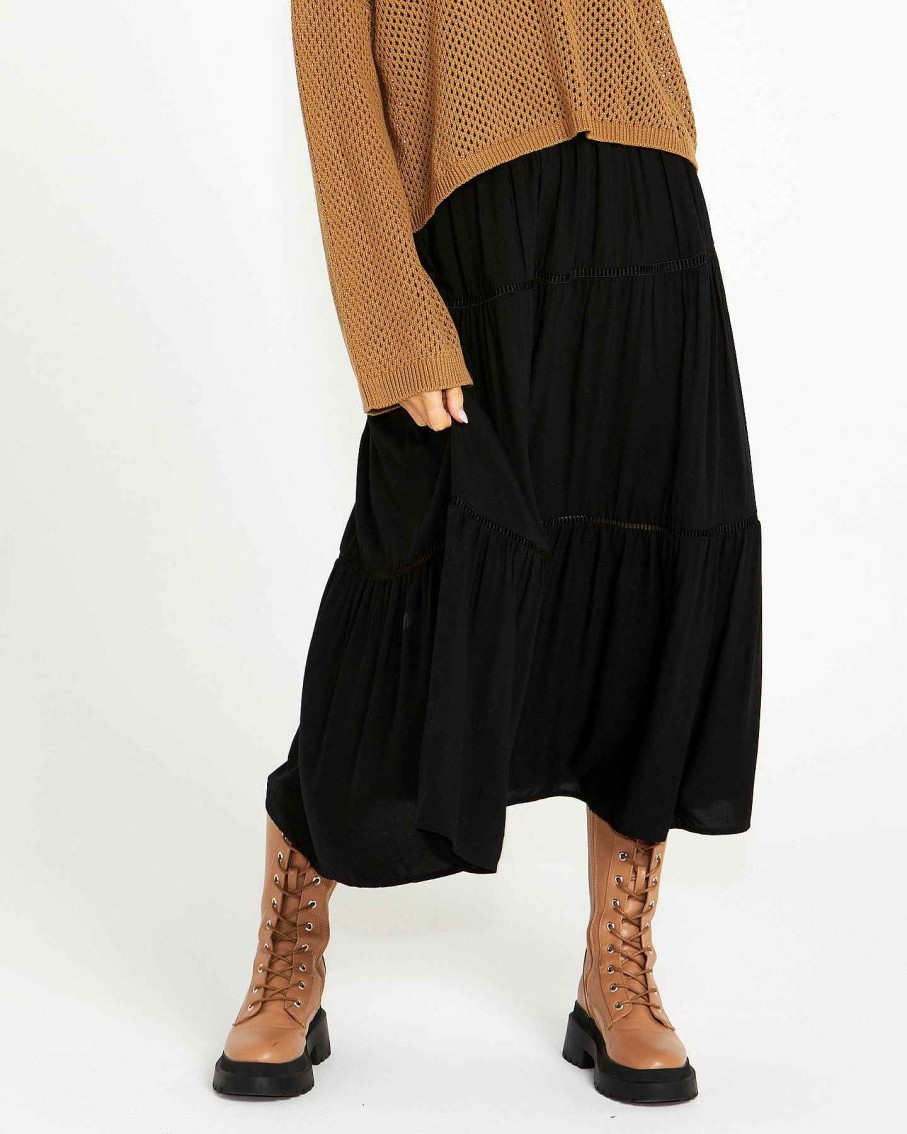 Clothing Sass Clothing | Montana Tiered Skirt Black