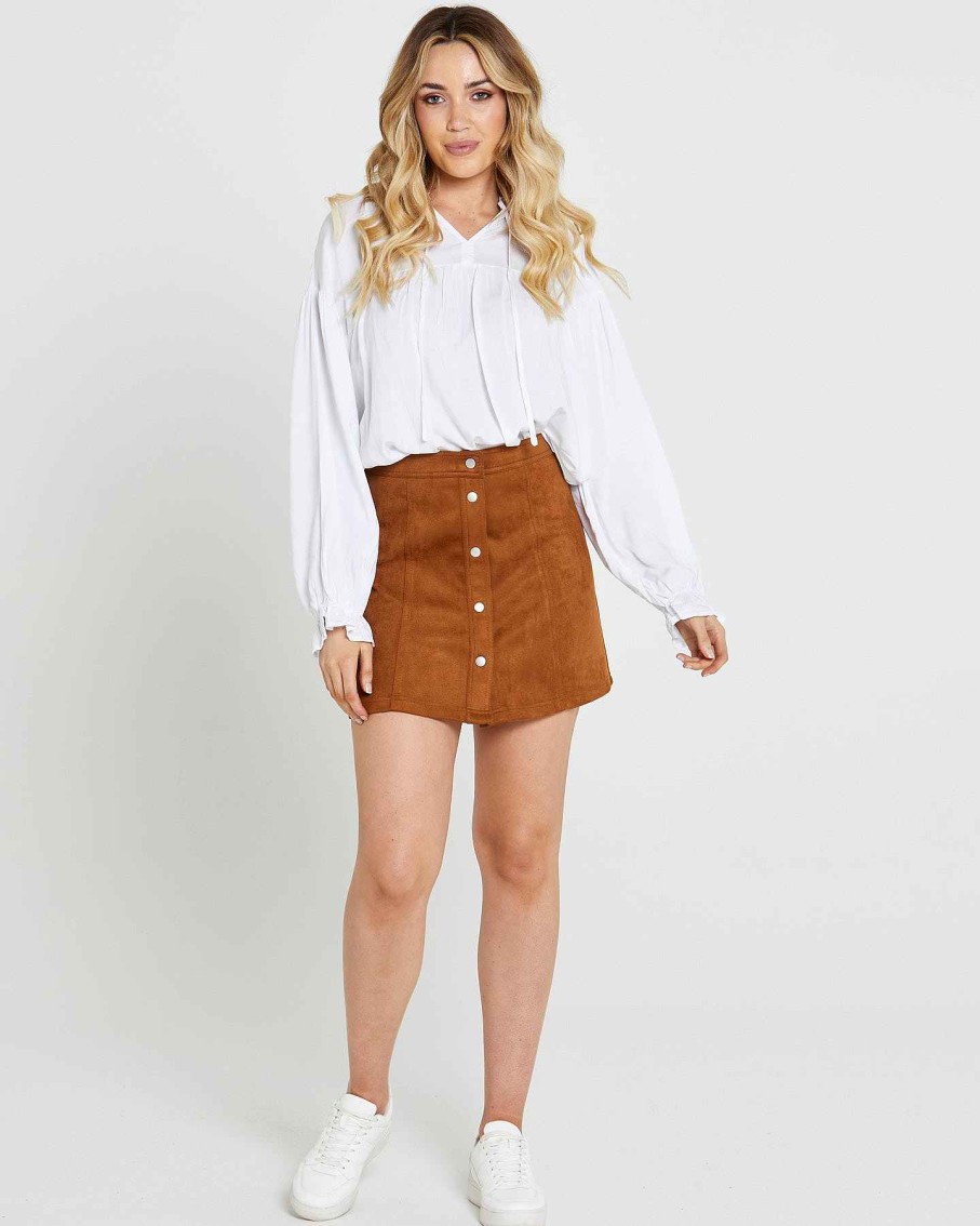 Clothing Sass Clothing | Becca High Waisted Button Skirt Brandy Brown