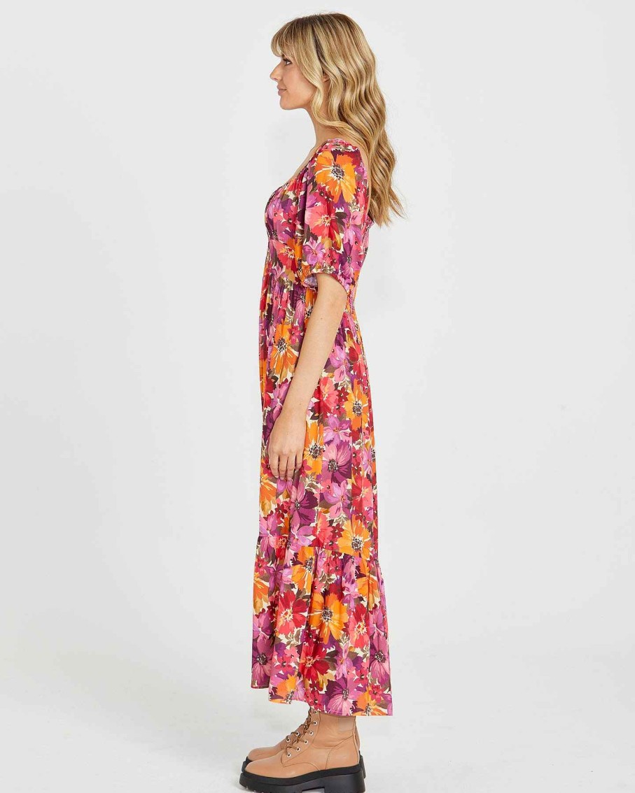 Clothing Sass Clothing | Yasmin Frill Hem Midi Dress Berry Floral