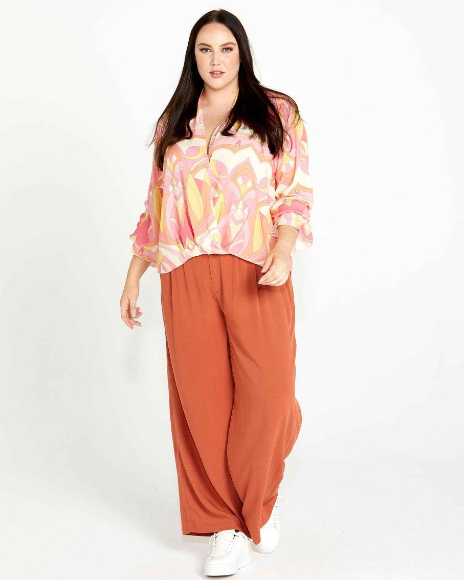 Clothing Sass Clothing | Vivienne Wrap Front Top Pink Geo