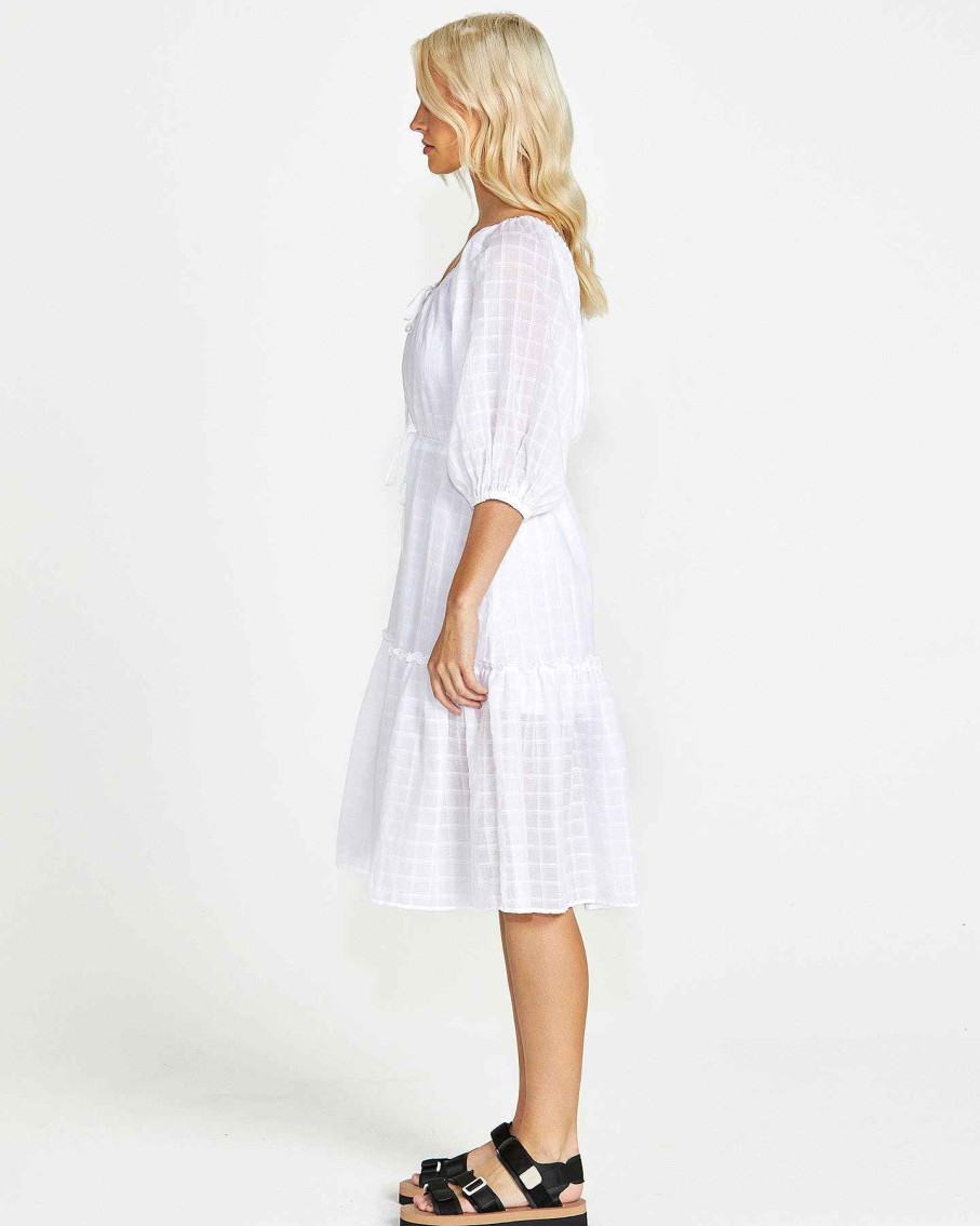 Clothing Sass Clothing | Ruby Balloon Sleeve Tie Neck Tiered Cotton Midi Dress White