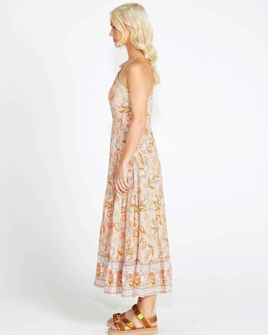 Clothing Sass Clothing | Poppy One Shoulder Tiered Boho Maxi Dress - Peach Pink Floral Peach Floral