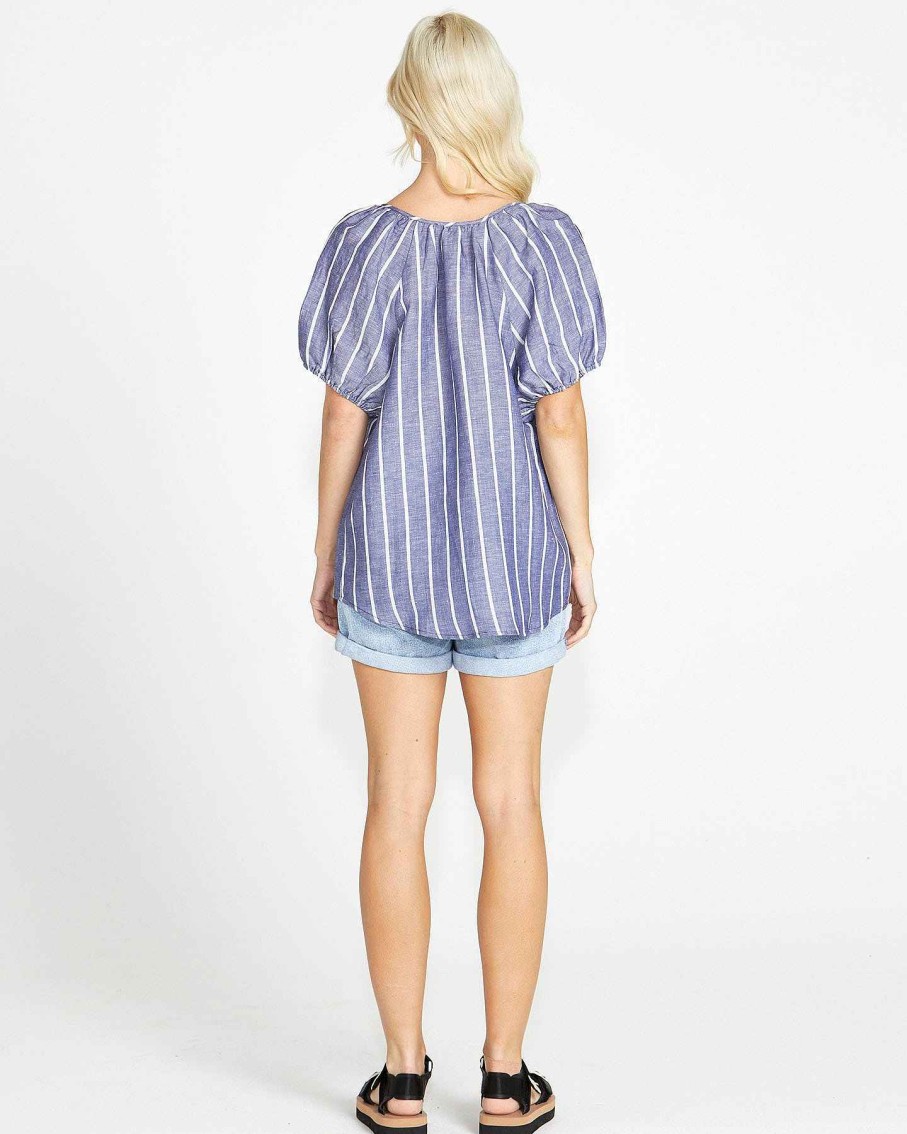 Clothing Sass Clothing | Lydia Short Sleeve Peasant Shell Linen-Blend Top Navy Stripe