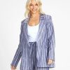 Clothing Sass Clothing | Lydia Striped Double Breasted Linen-Blend Blazer Navy Stripe